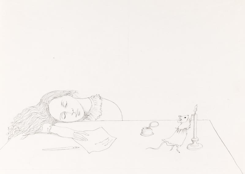 Illustration of mouse and girl at desk.
