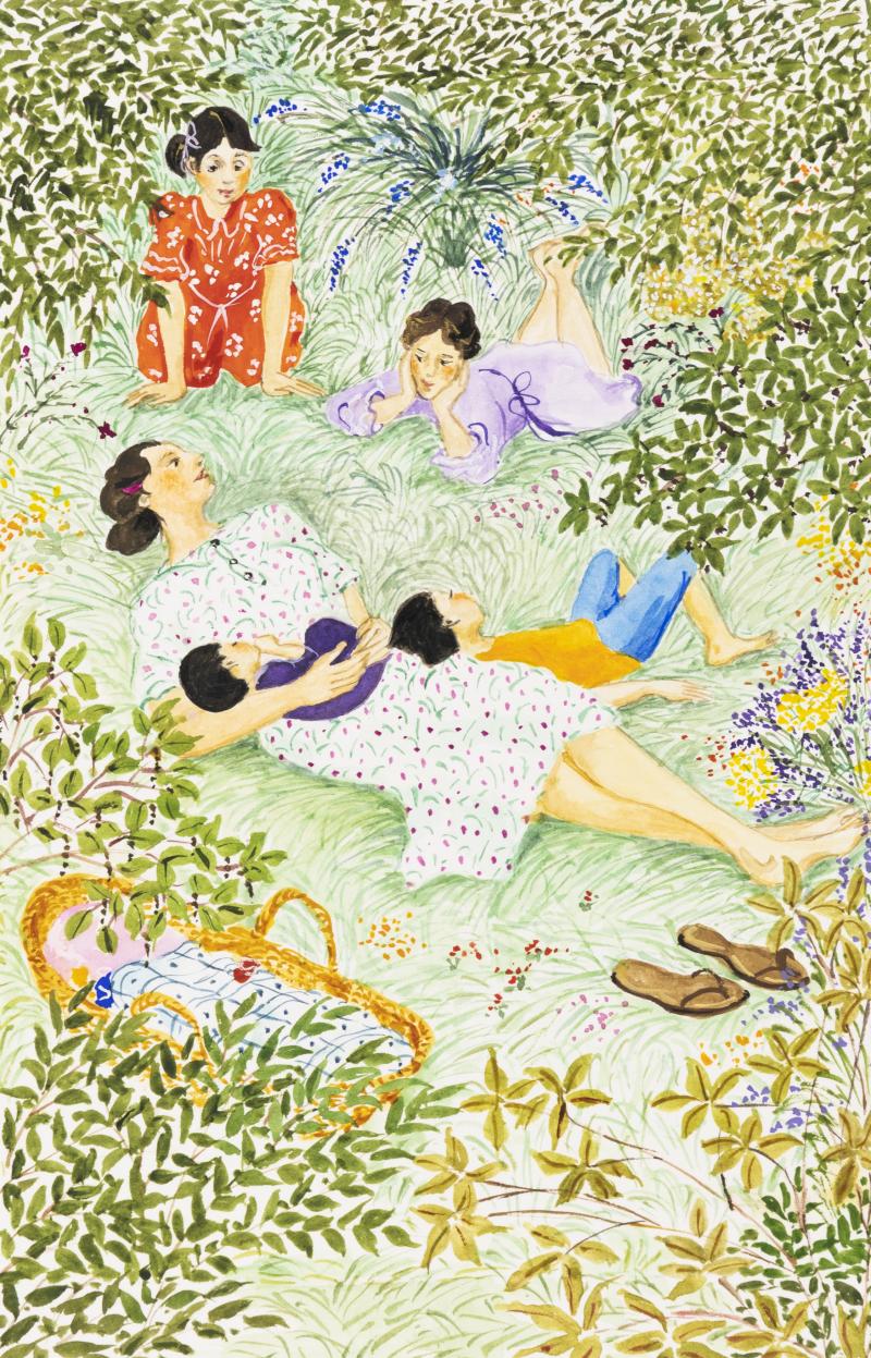 Illustration of woman and children lying in grass.
