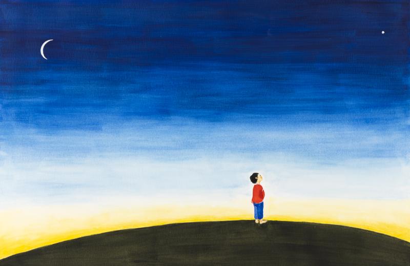 Illustration of child looking into night sky.