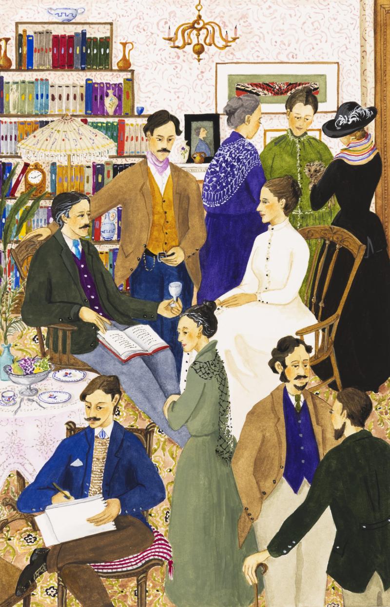 Illsutration of well-dressed people in library.