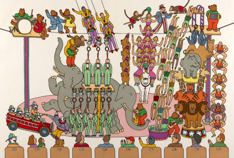 Illustration of elephant and circus performers.
