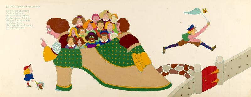 Illustration of shoe with lots of kids in it.