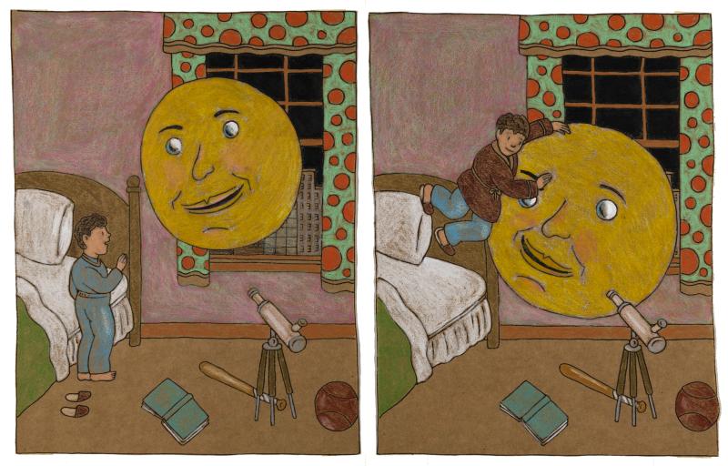 Illustration of moon visiting kid in bed.