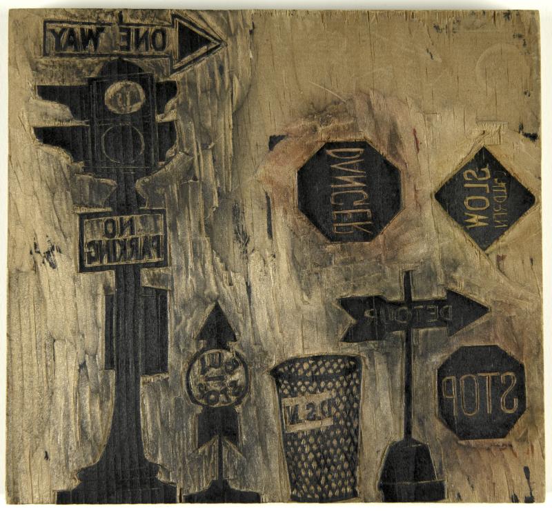 Illustration of various road signs in woodblock print.