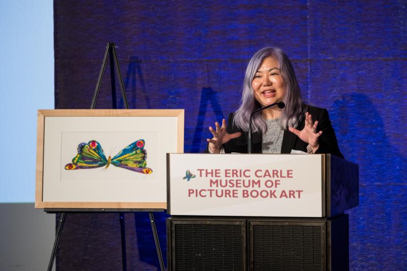 Ellen Oh accepts the Angel Honor in 2024