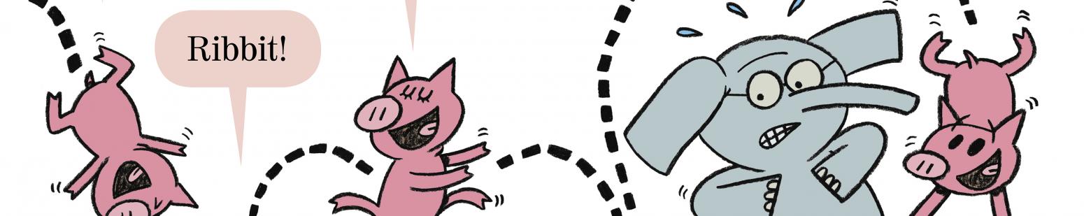 Illustration of Piggie jumping like a frog over Elephant.