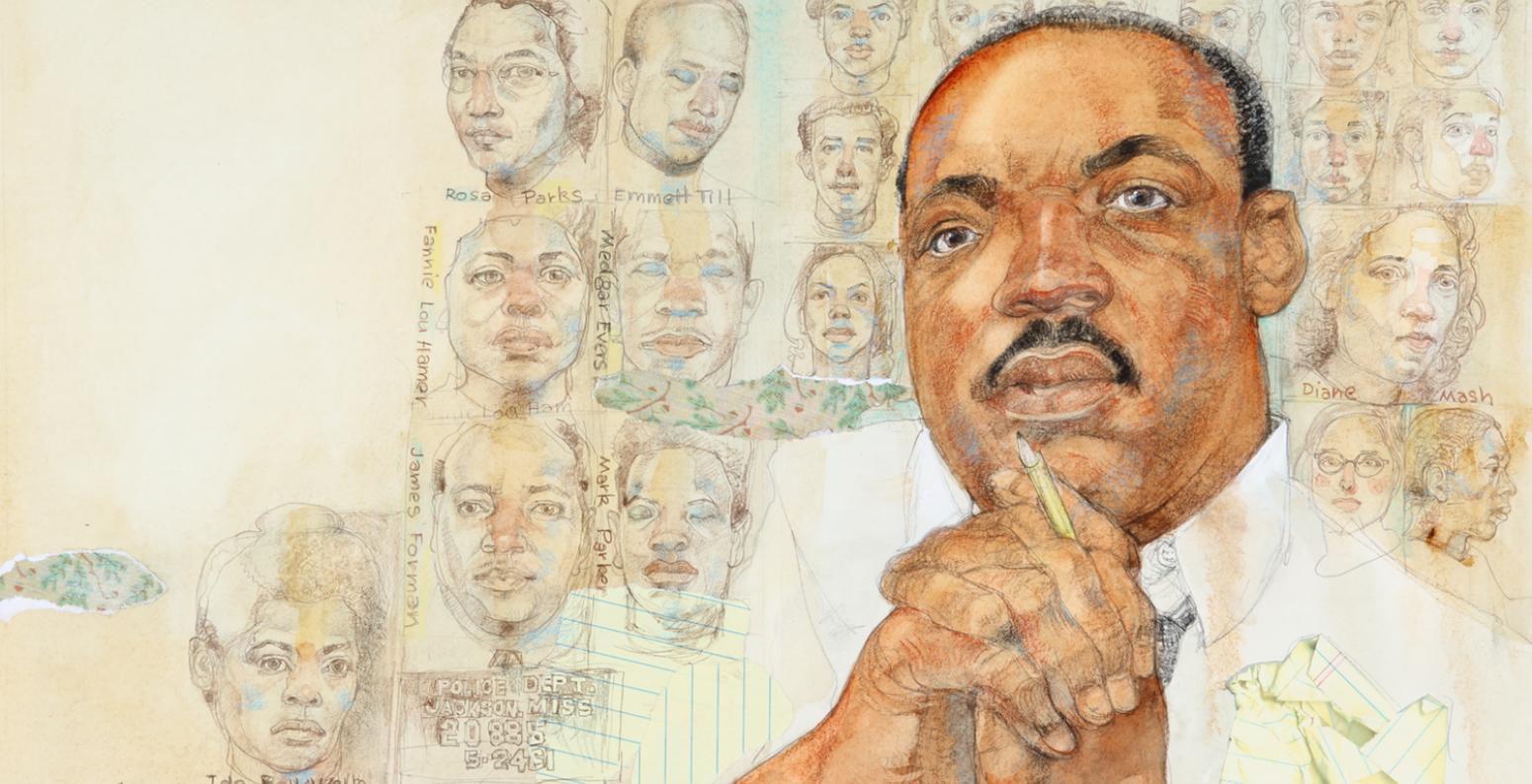 An illustration of Martin Luther King with his chin resting on his hands
