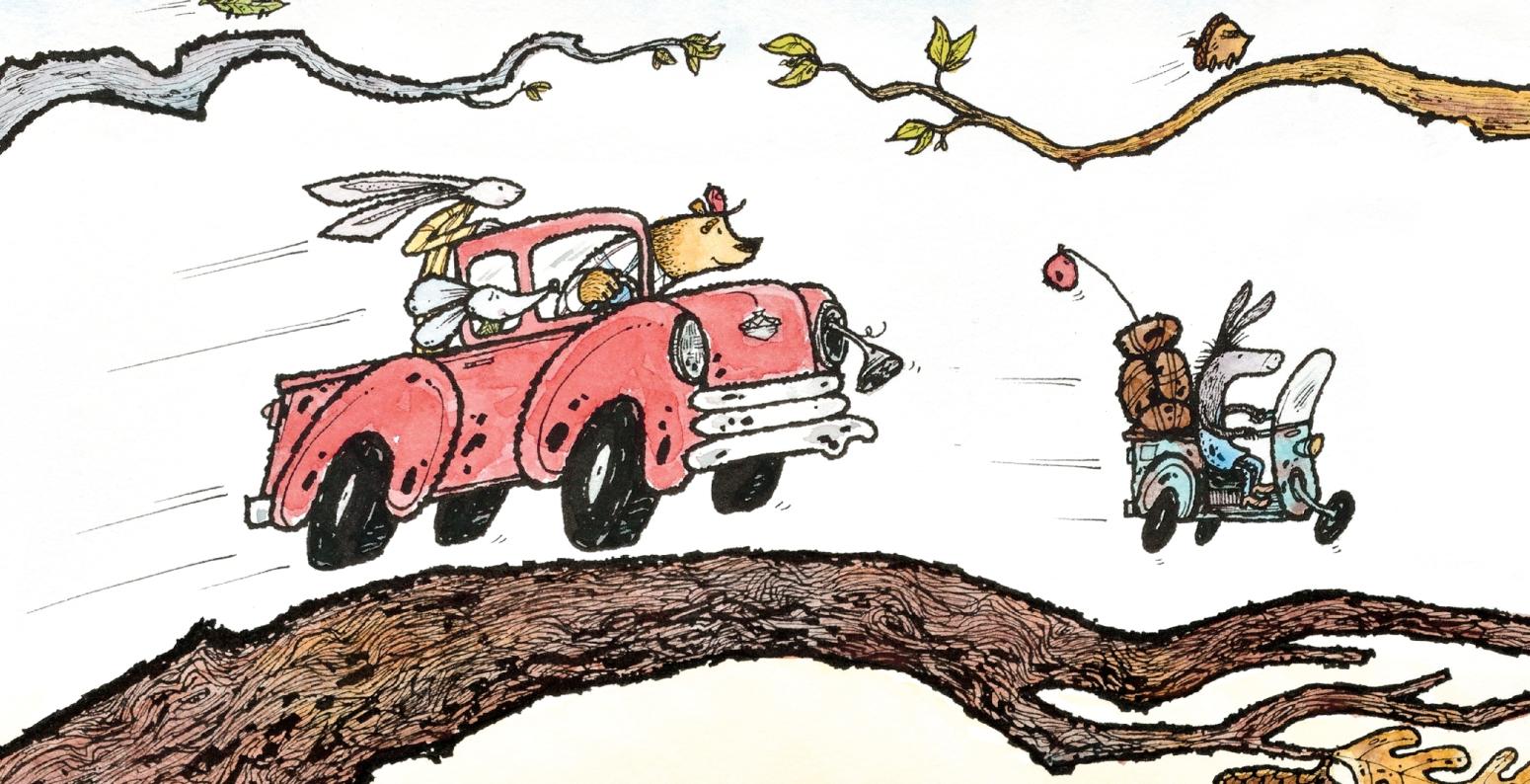 Book cover image of animals in cars, driving across a tree branch.