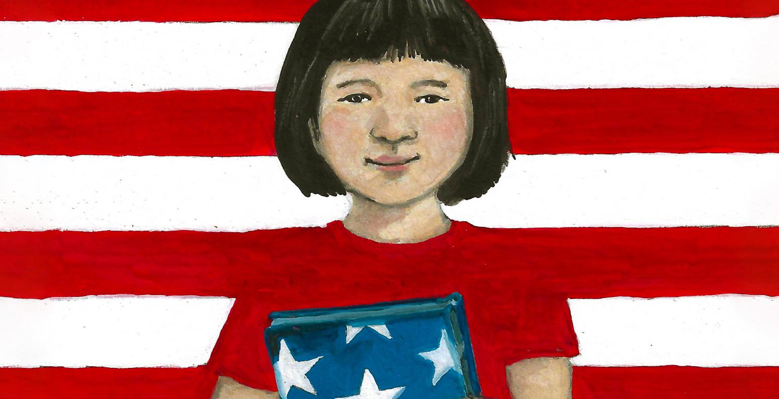 Illustration of child holding book with stars against red and white striped background. 