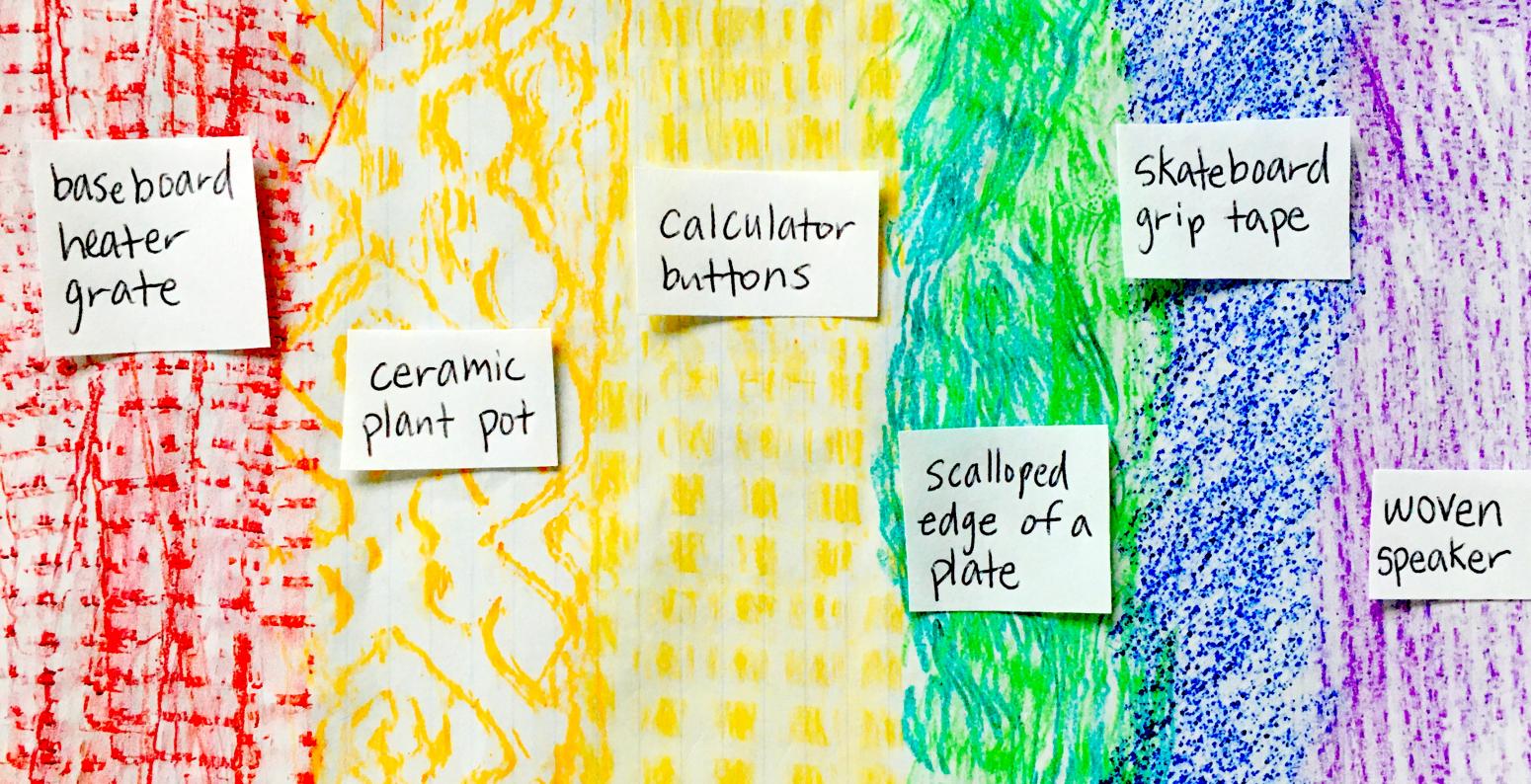 Colorful textures on notebook paper with labels saying what was used to create them.