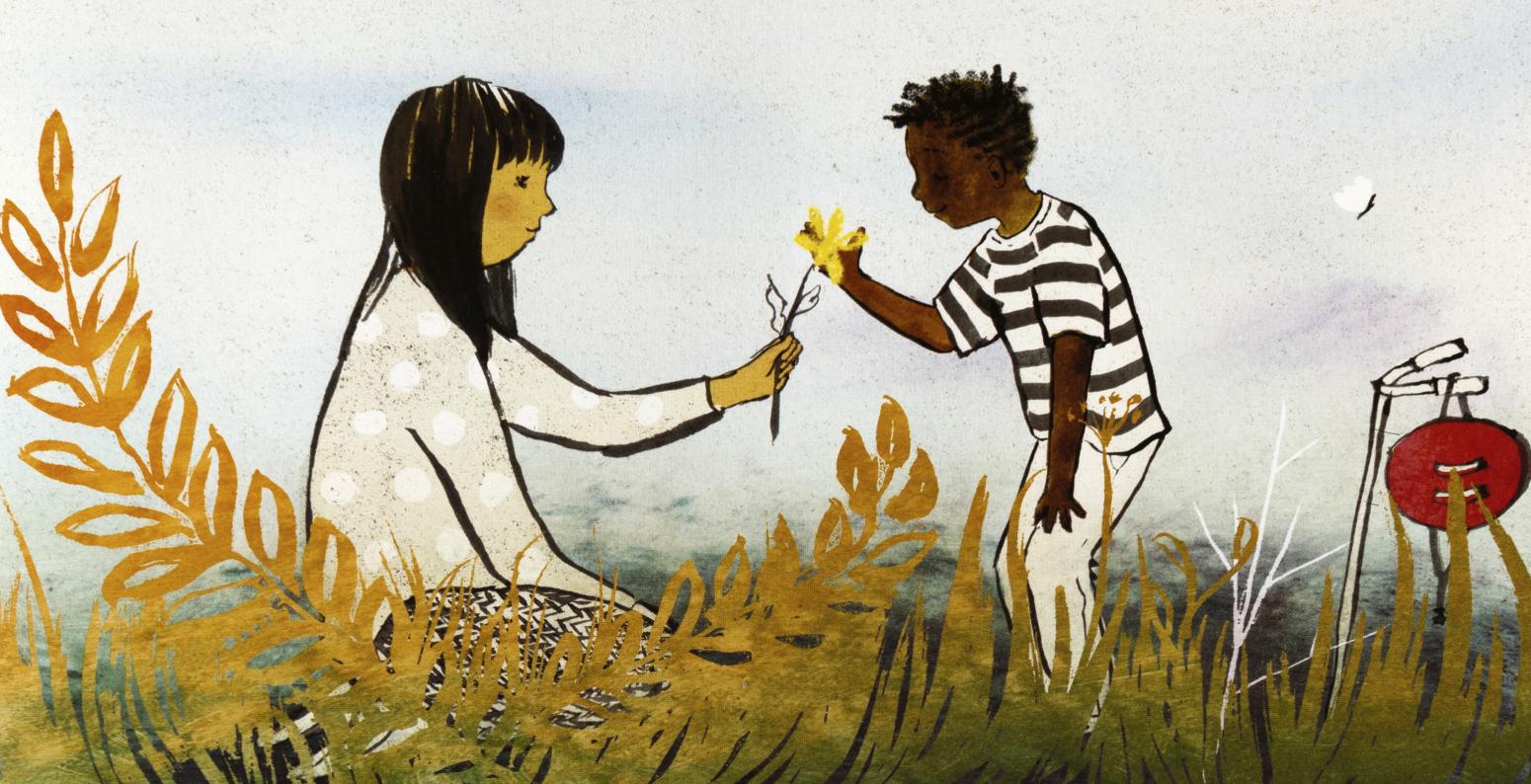 Illustration of child handing another child a flower in a meadow. 