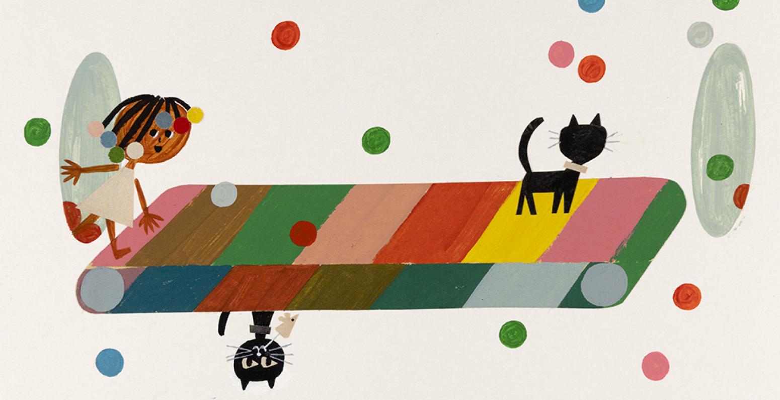 xl_2020_47_3.jpg Young black girl stepping out of a cirle onto a colorful striped floor.