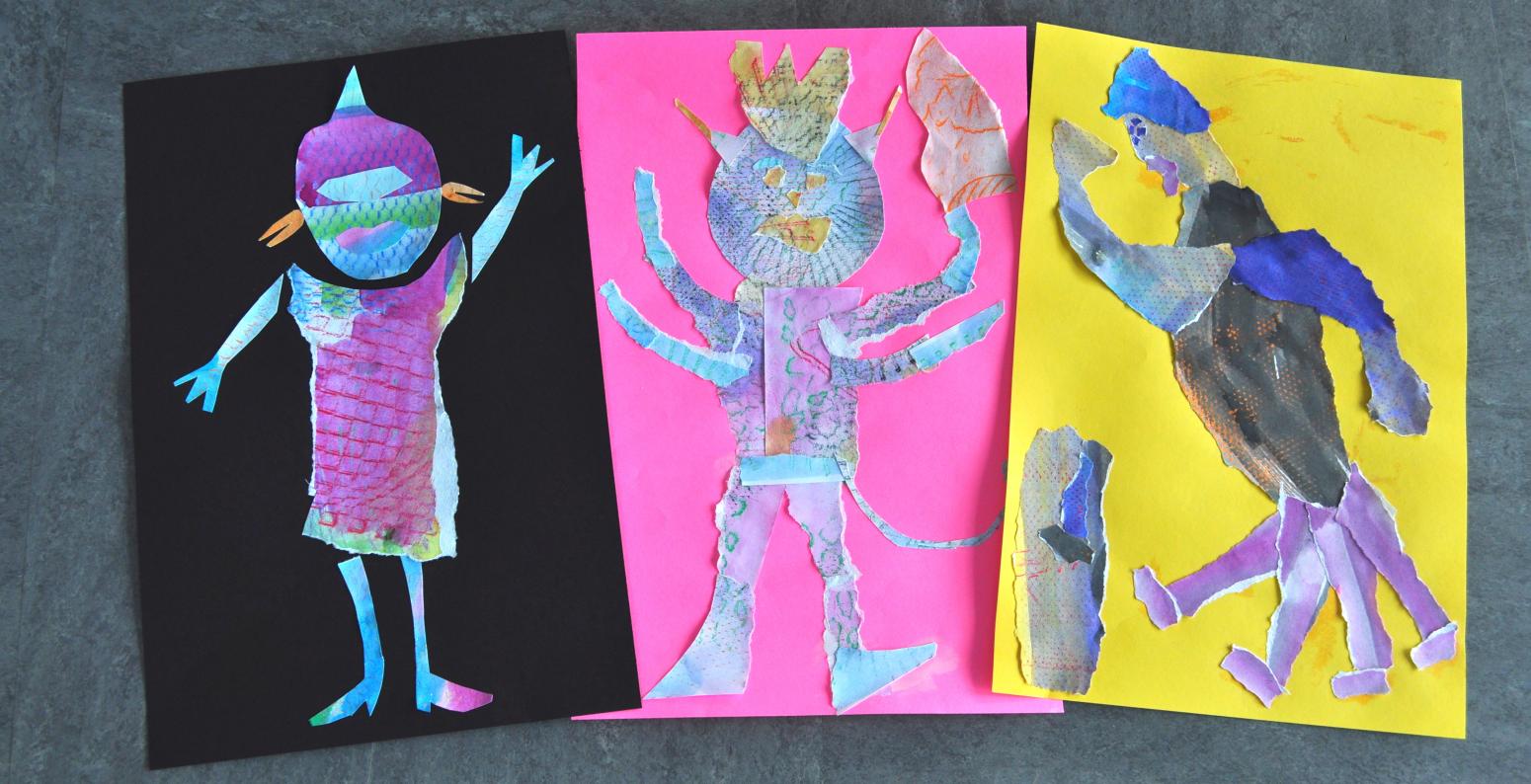 Three brightly colored collage monsters.