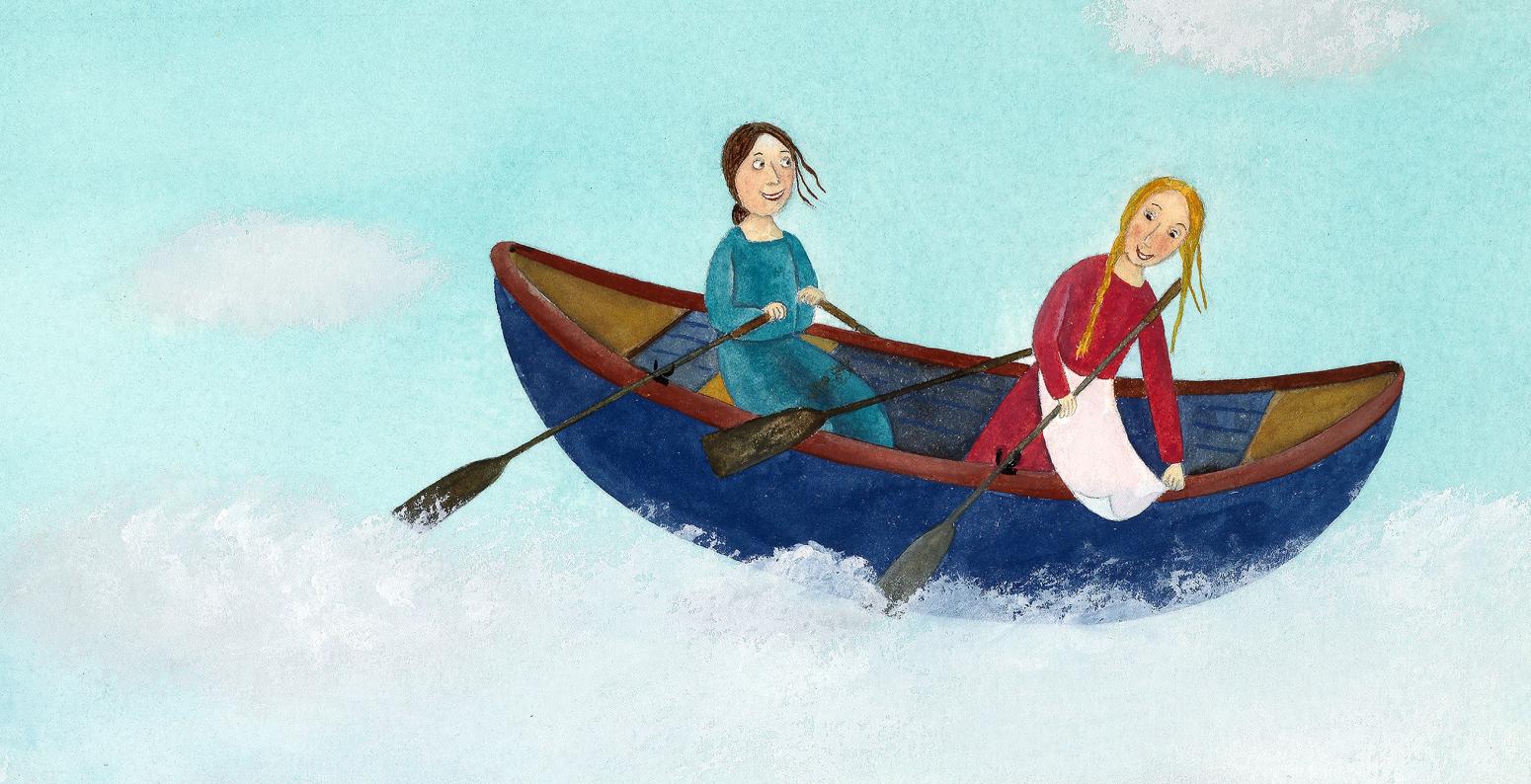 Illustration of two girls flying in canoe over city. 