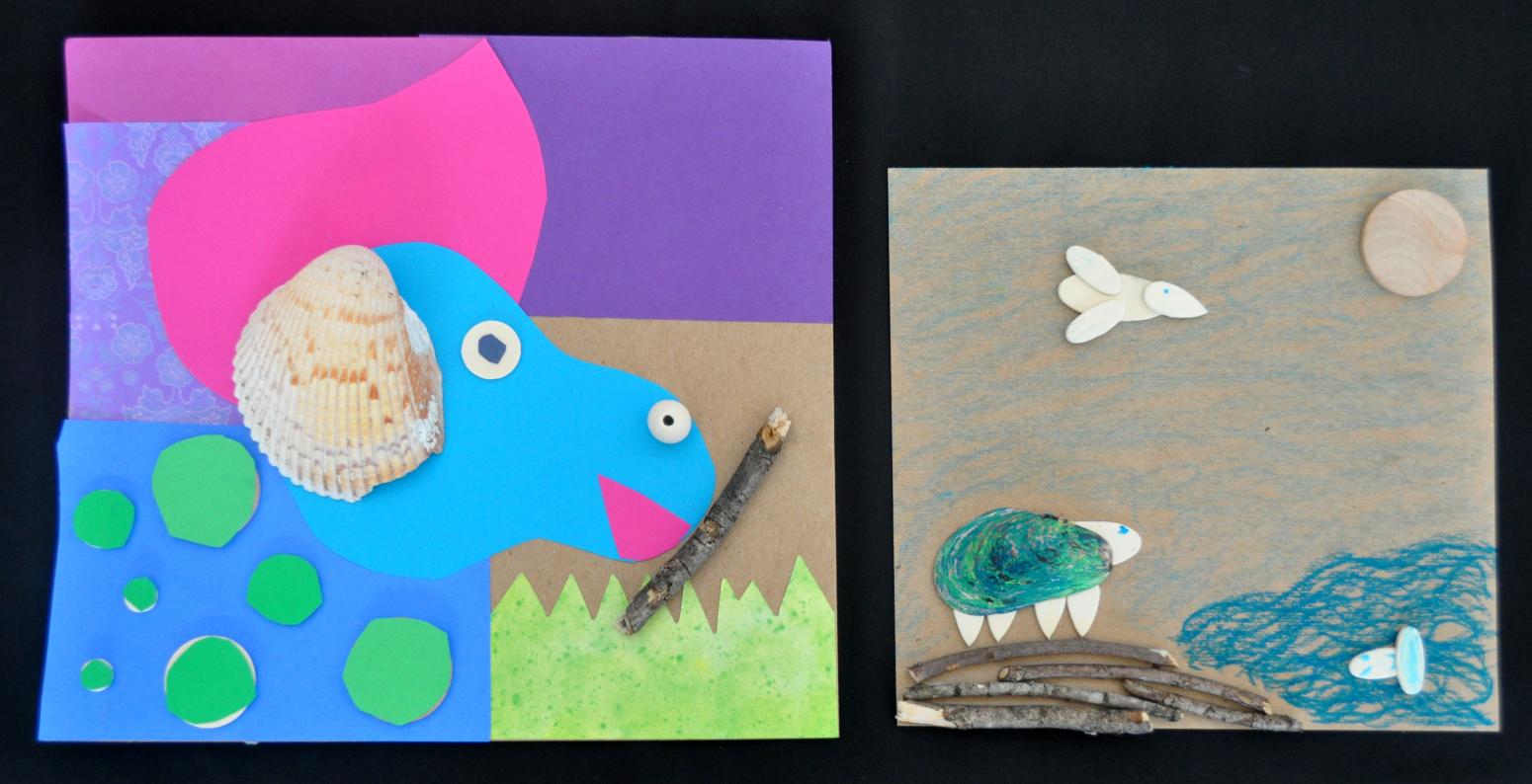 Two mixed media collages of animals made out of paper, wood, and shells.