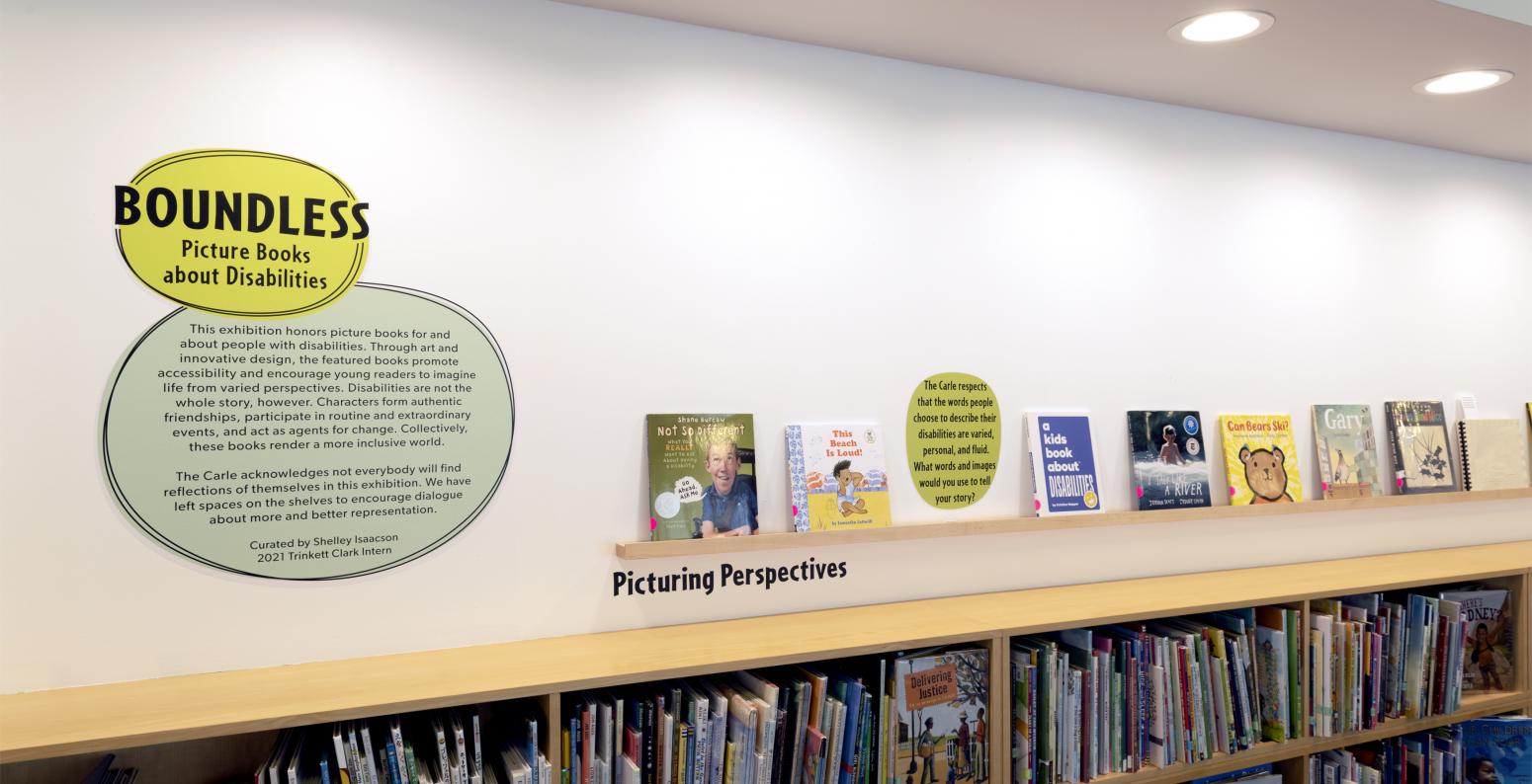 Installation image showing walls books and labels.