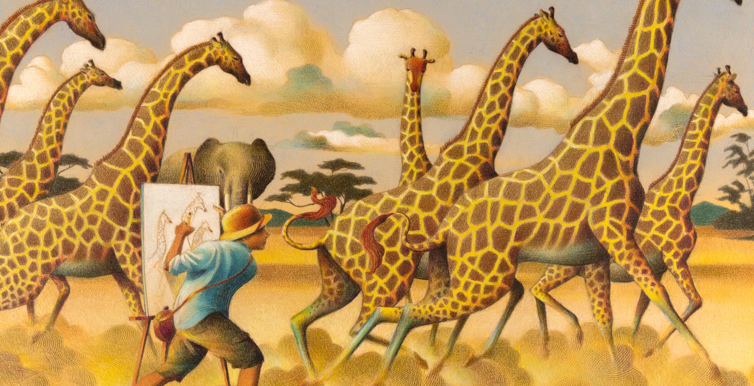 A boy standing next to an easel looking at a group of giraffes running by.