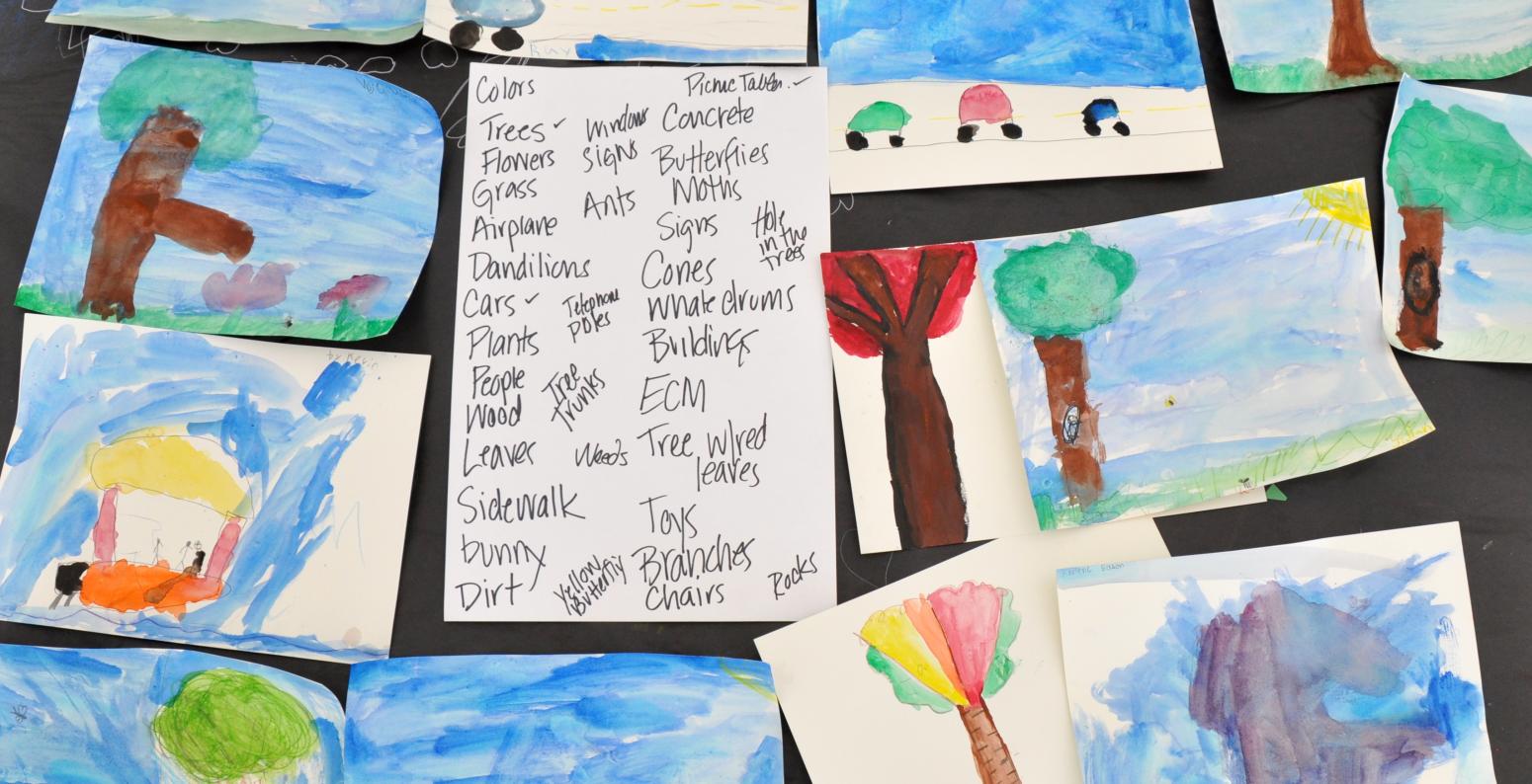 A collection of watercolor paintings of trees and nature, as well as a written list of things that were found outside.