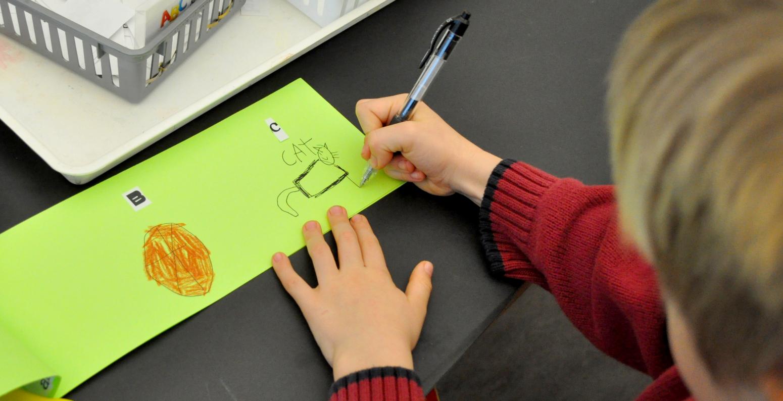A child drawing a cat in a green book.