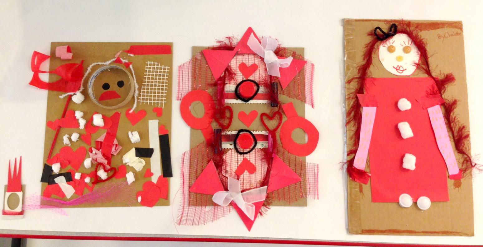 Four found material sculptures made from red, white, and black supplies on cardboard bases.