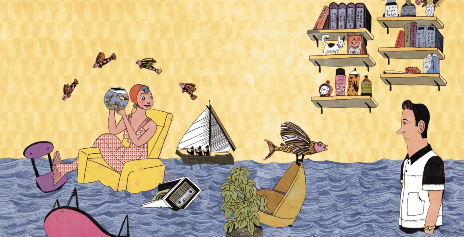 Mermaid in the Bathtub A smiling mermaid sits in a lounge chair, surrounded by water. Fish with wings fly around her, and a man looks on while standing in the water.