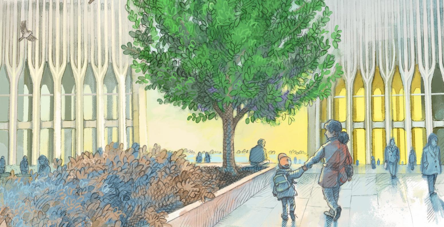 This Very Tree Cover.jpg Book cover showing tall green tree flanked by two large buildings, with a child and grownup walking toward it.