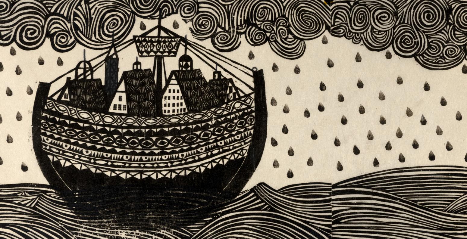 Illustration of boat crossing river in black pen. 