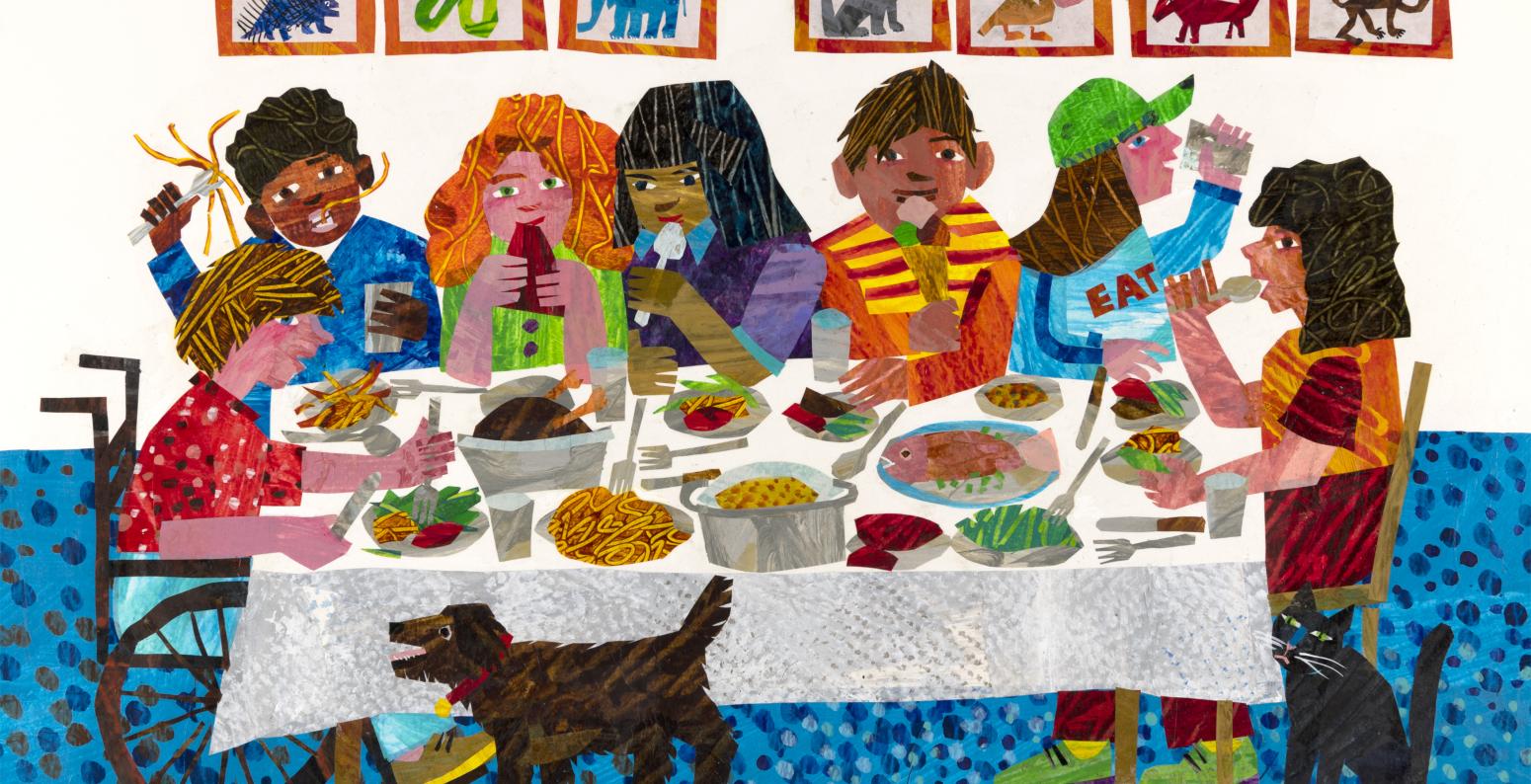 A family is eating together around the table.