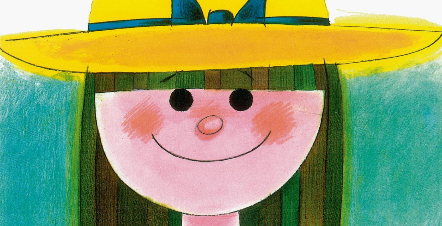 Smiling child with rosy cheeks and yellow hat.