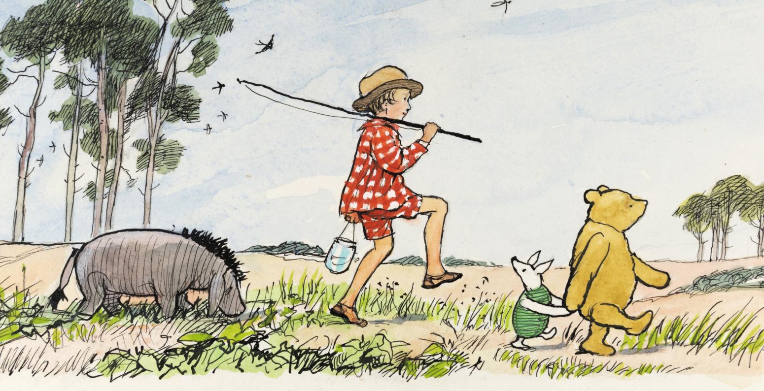 Illustration of Eeyore, Christopher Robin, Piglet, and Pooh walking in line through landscape. 