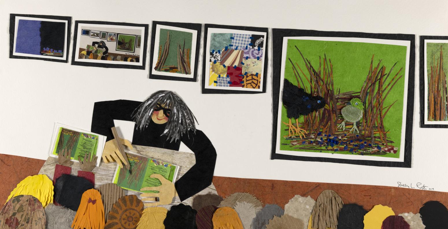 xl_2021_14_5.jpg Illustration of woman reading book with framed art behind.