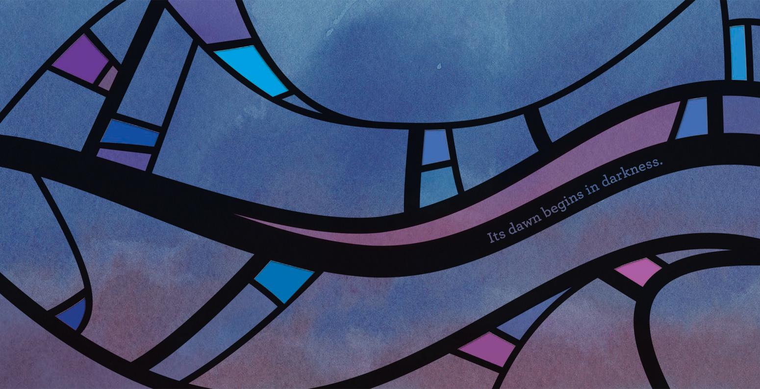 ONESKY_spread01.jpg Thin and thick black lines swirl around the page, surrounded by cool colors of blue and purple, giving the effect of stained glass. Across the page are the words "Its dawn begins in darkness."