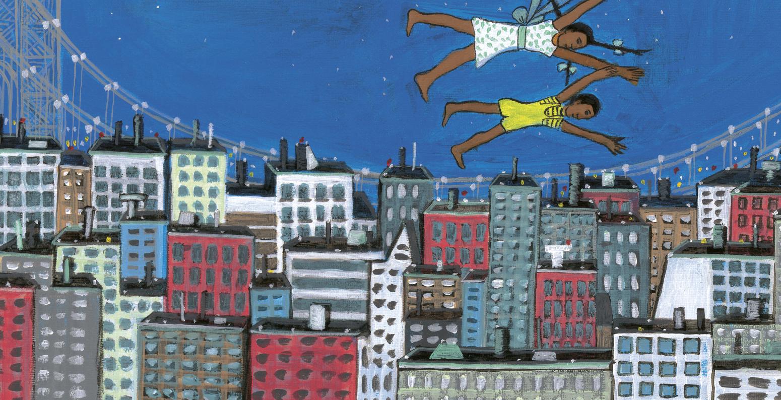 FINAL Tar Beach Spread (no Text) for Carle honors.jpg colorful night view of city with two children flying