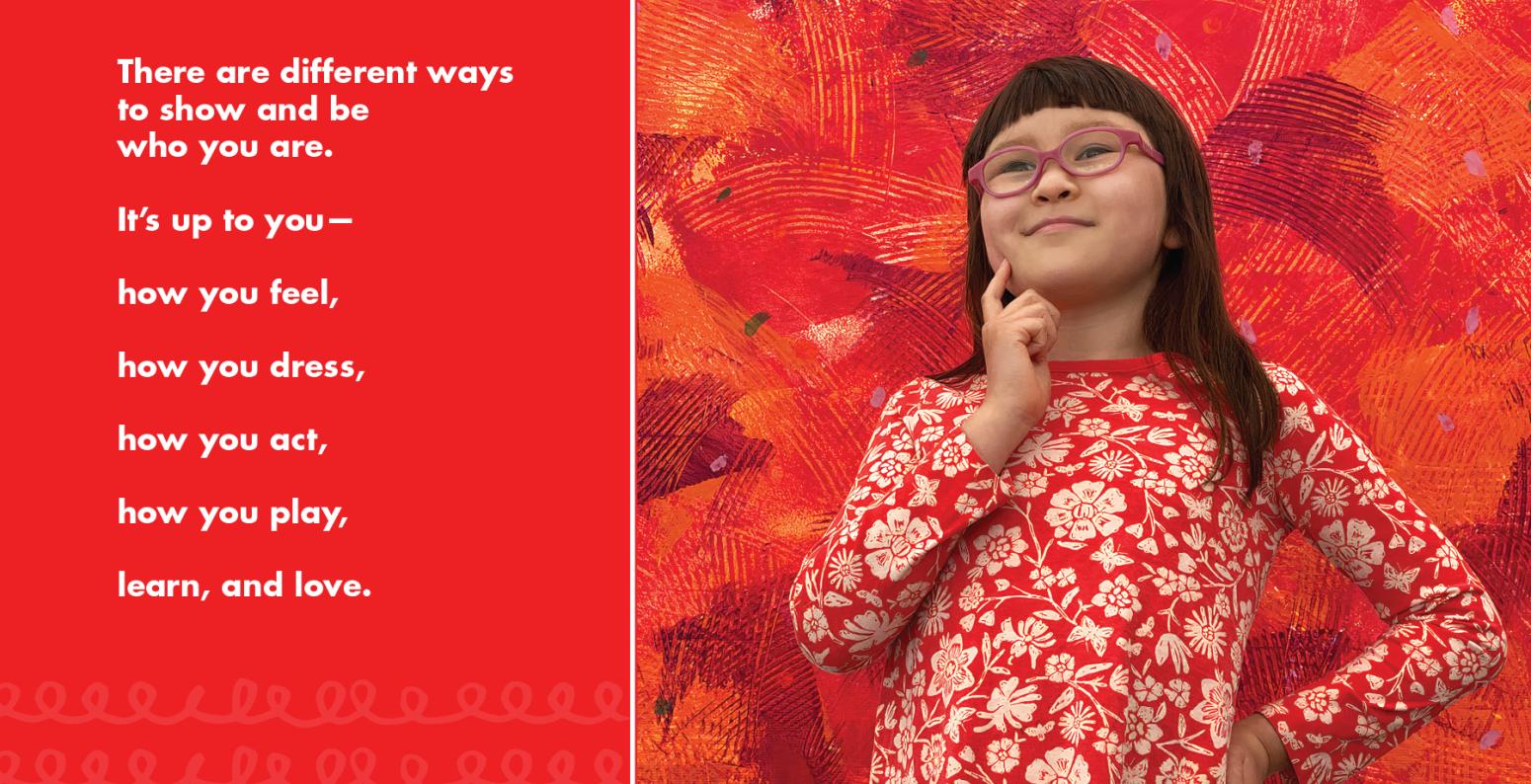 TRUE YOU interior spread - Shelley Rotner.jpg Young girl in red and white floral shirt stading in front of a red mural.