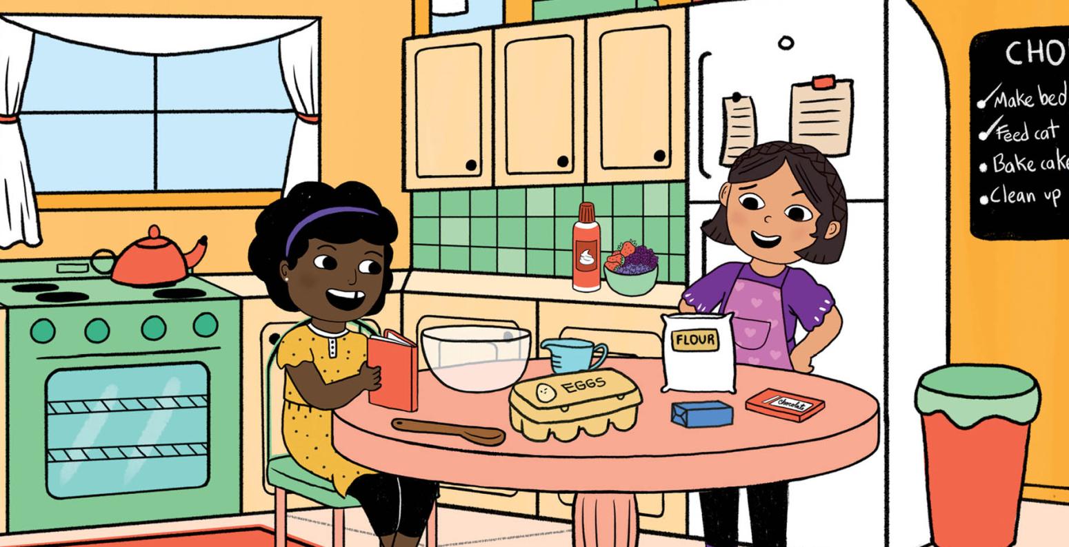 Two young friends, April and Mae, are at a kitchen table. One reads while the other one bakes.