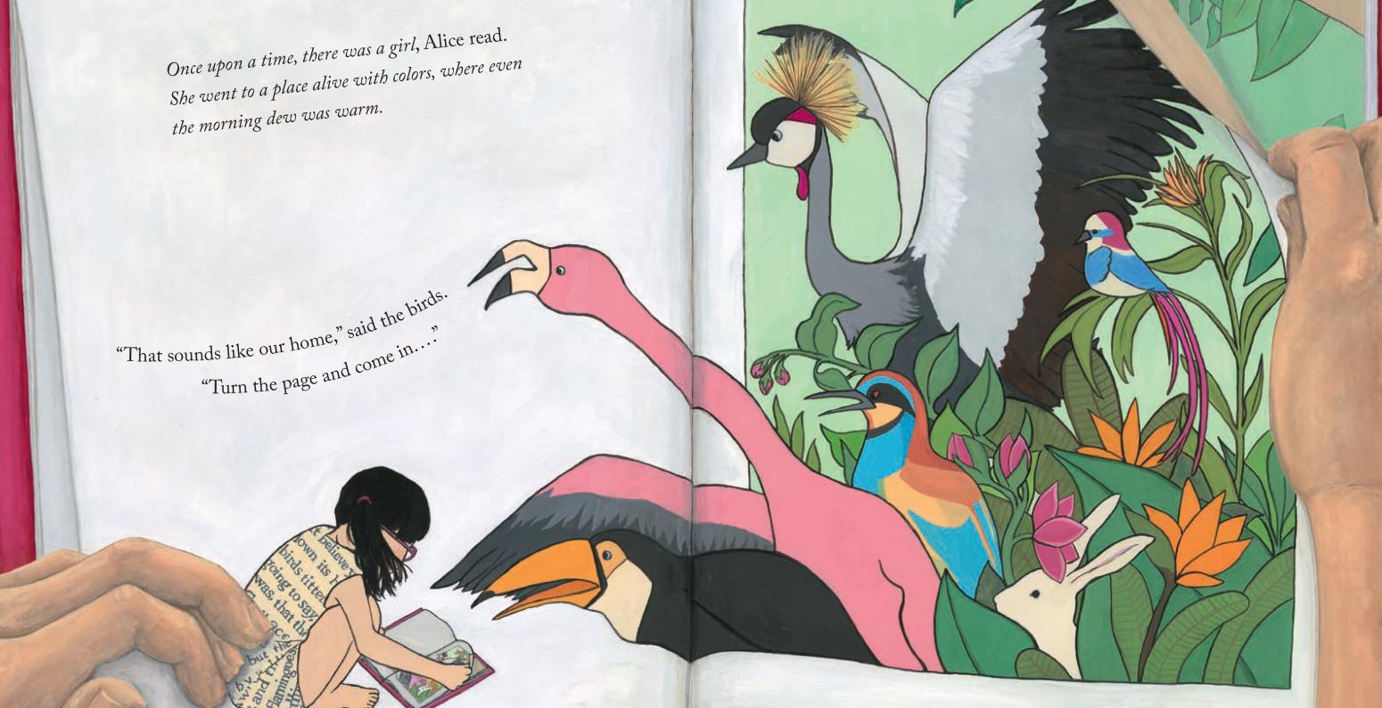 Hands turning the page of a book. On the book's illustration, a young girl also turns the page of a book while colorful animals surrounded by green foliage look at her.