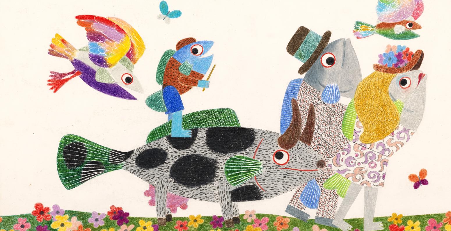 Illustration of fish family walking in colorful hats.