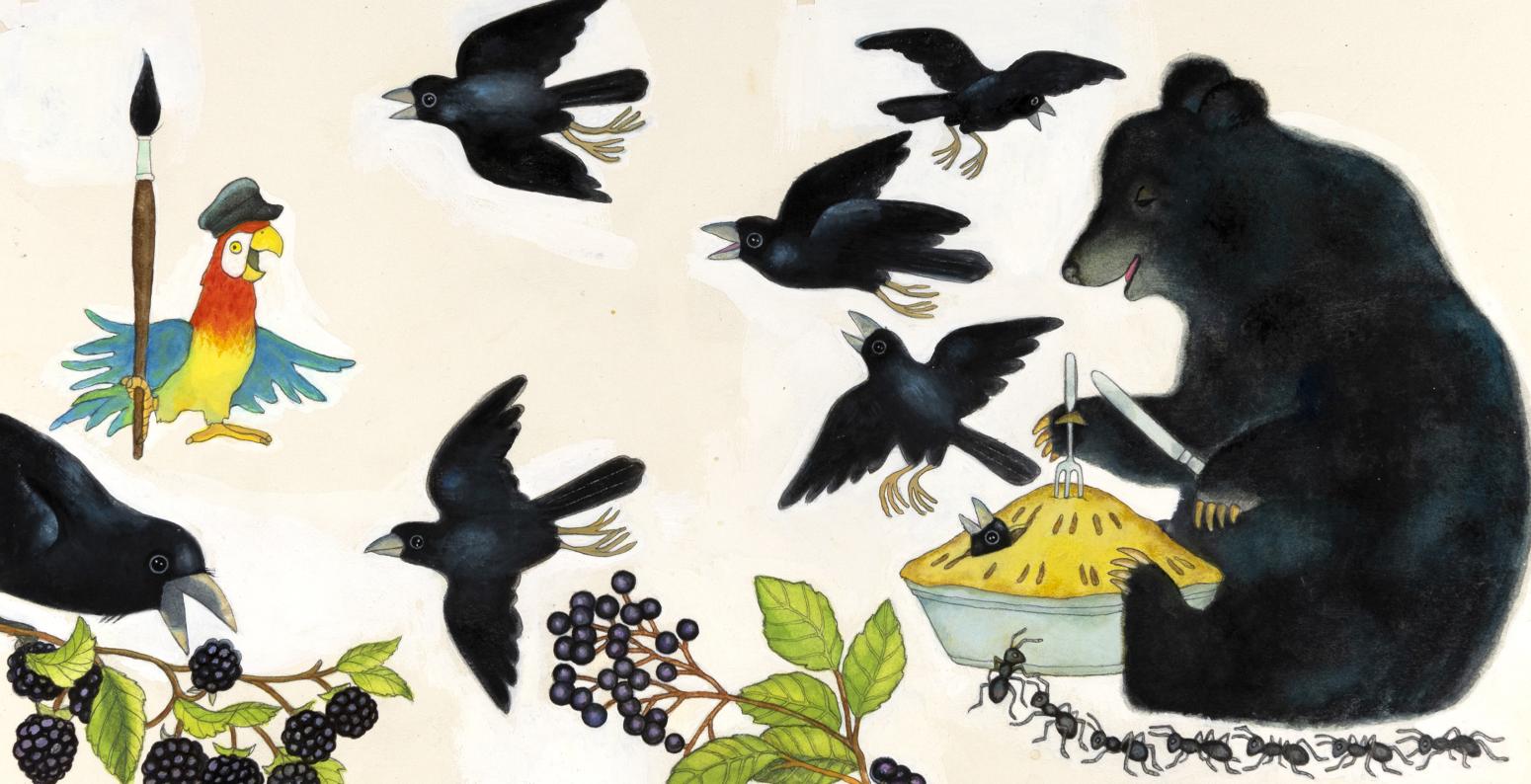 Illustration of black bird and crows eating pie. 