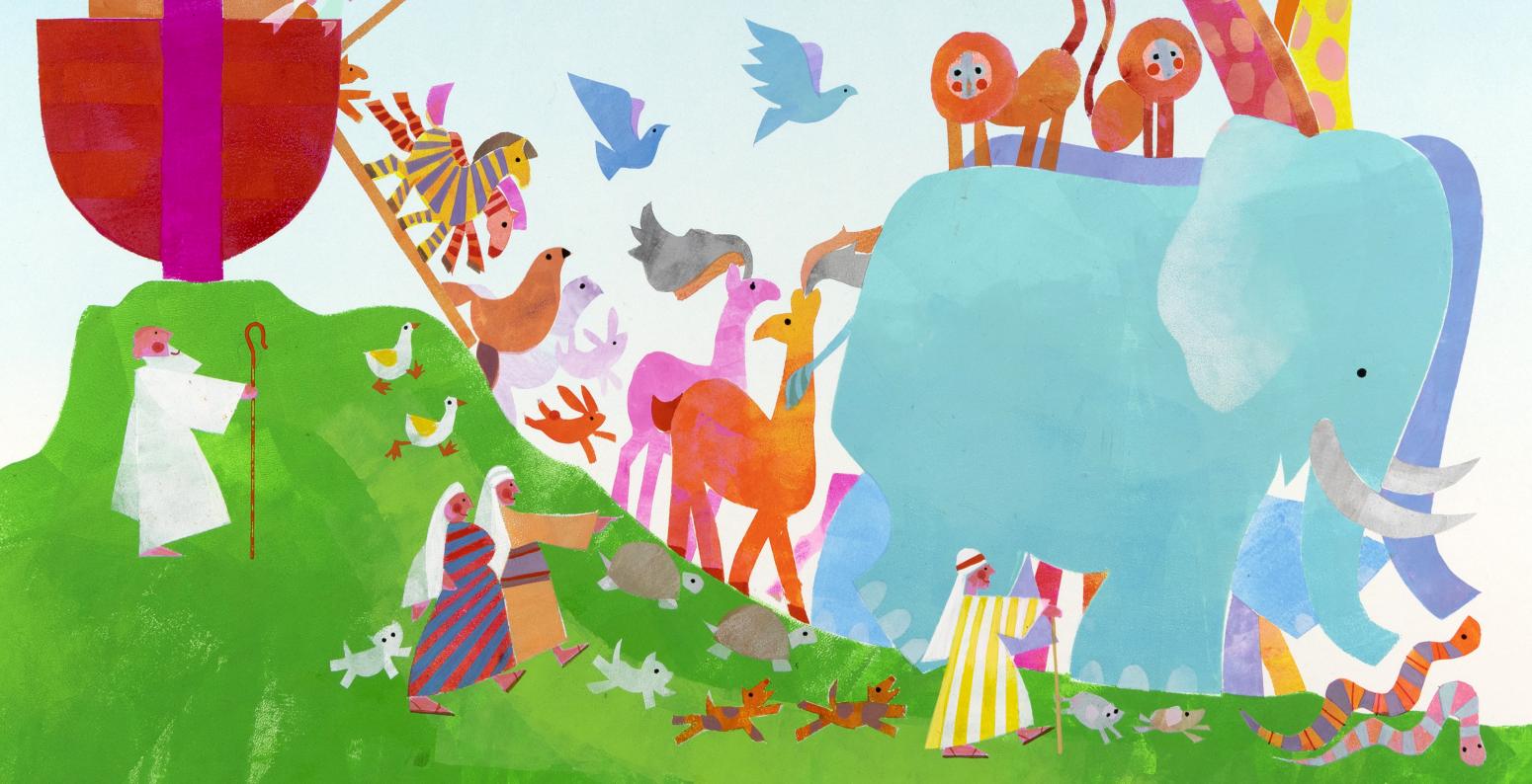 Illustration of brightly colored animals exiting an ark.
