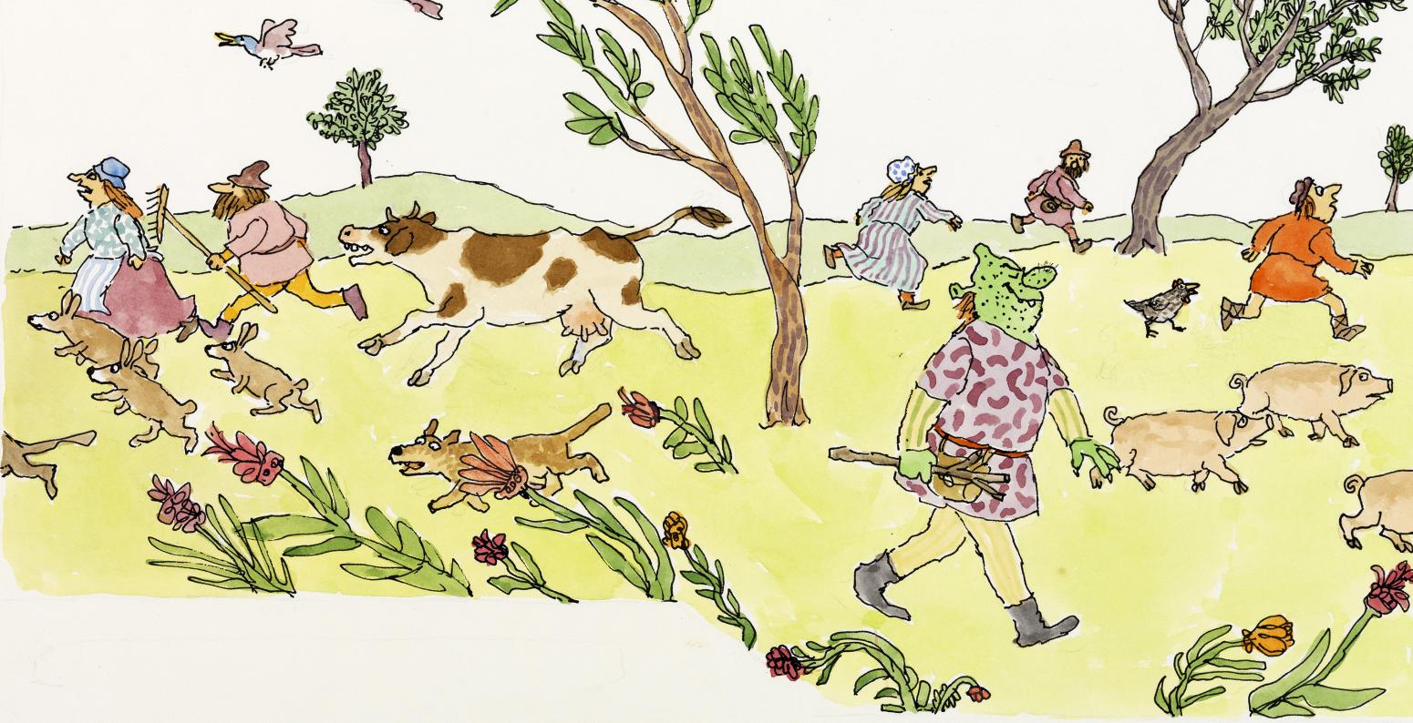 2010_4_12.jpg Illustration of Shrek walking through country side and animals and people running the other way.