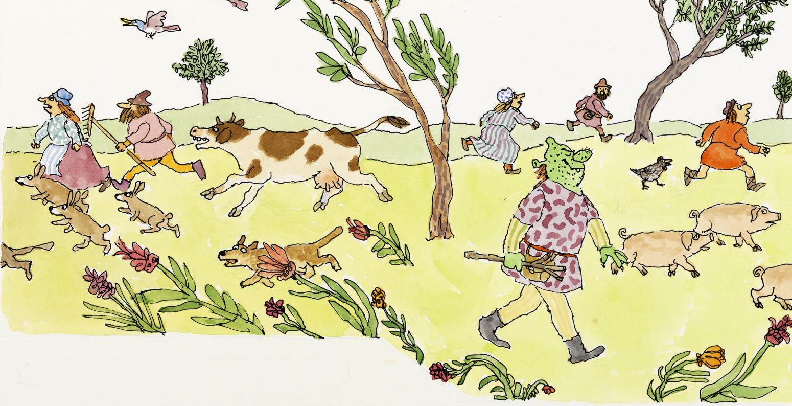 Illustration of Shrek walking through country side and animals and people running the other way. 