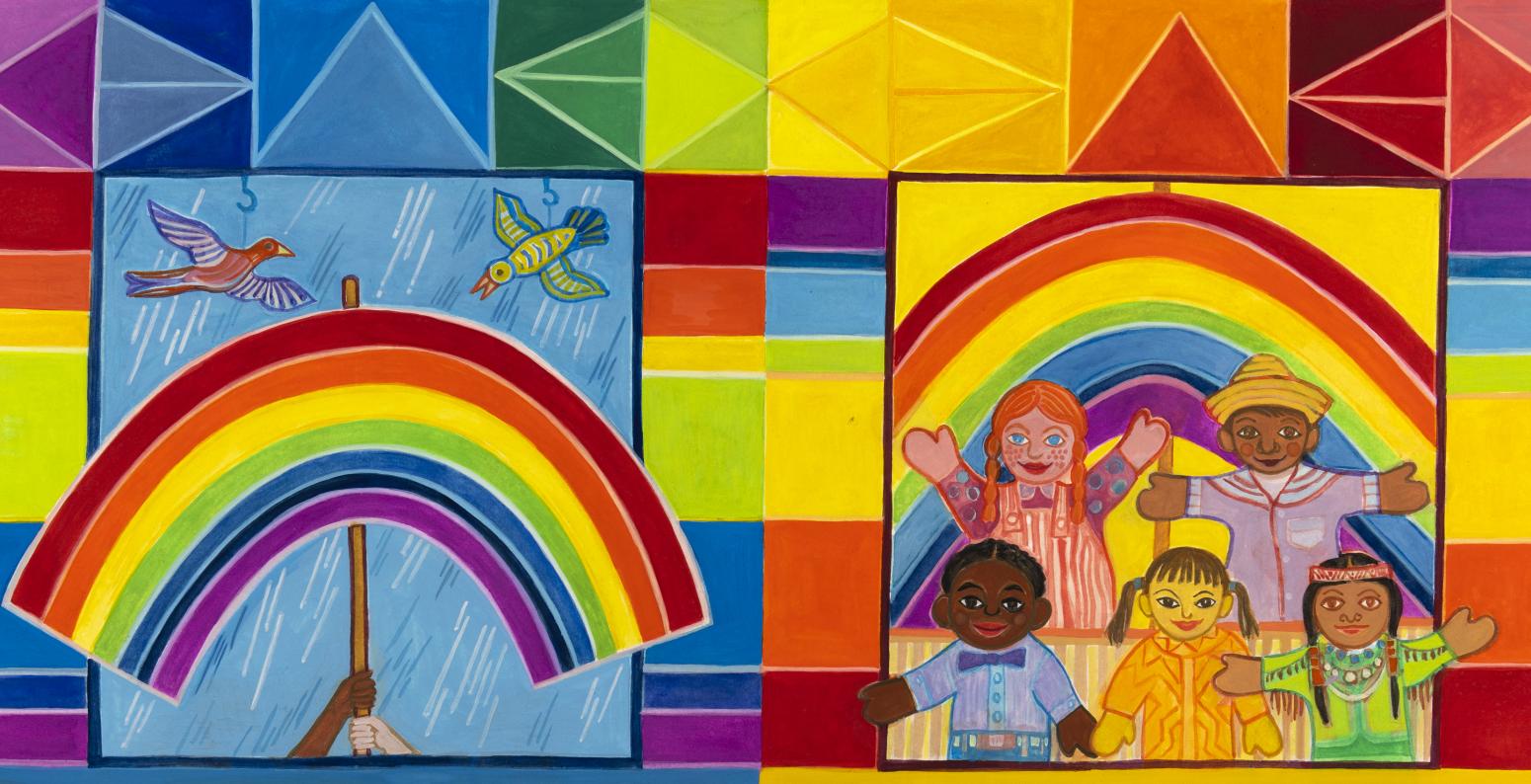 Illustration of rainbows and people.