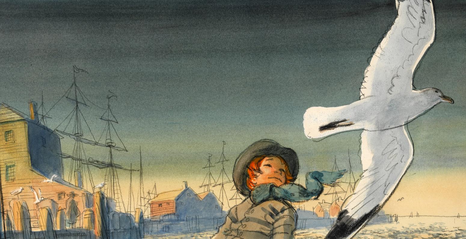 Illlustration of boy with seagull. 