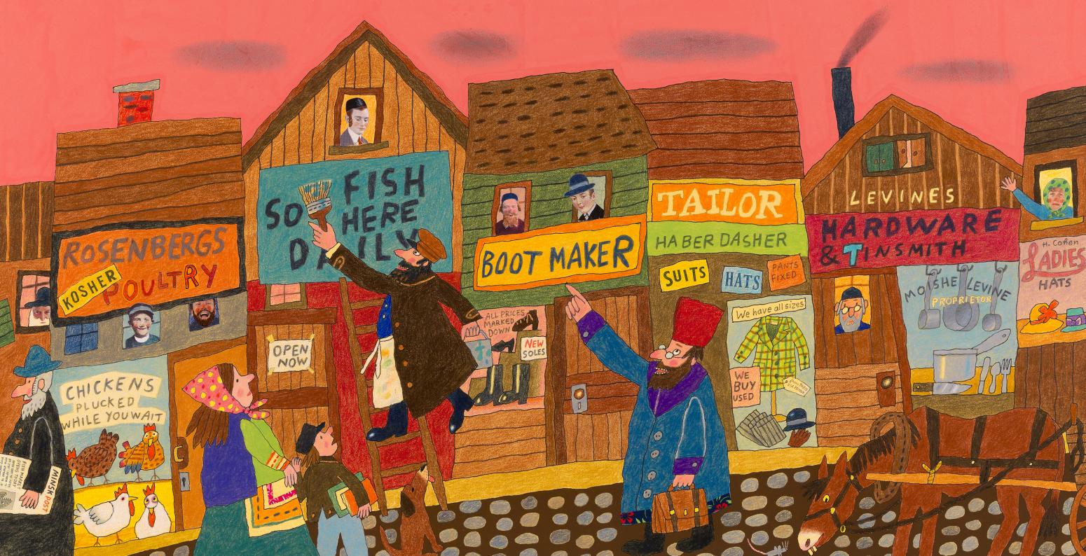 Illustration of houses along busy street.