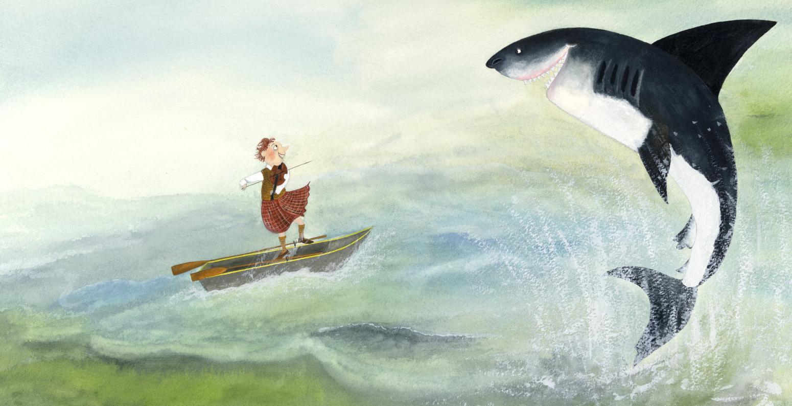Illustration of child in boat with shark jumping out of water. 