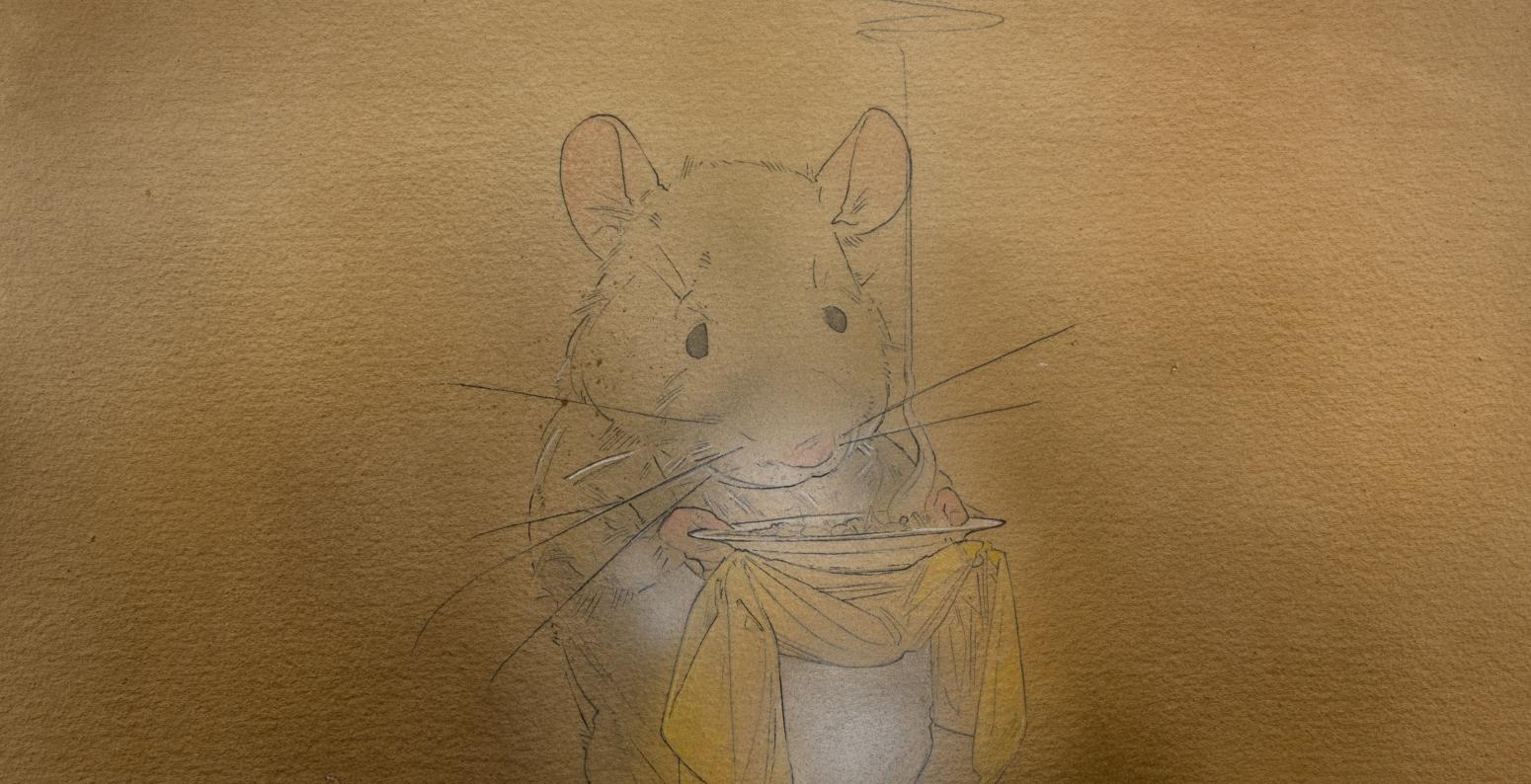 drawing of little mouse standing holding a plate of hot food