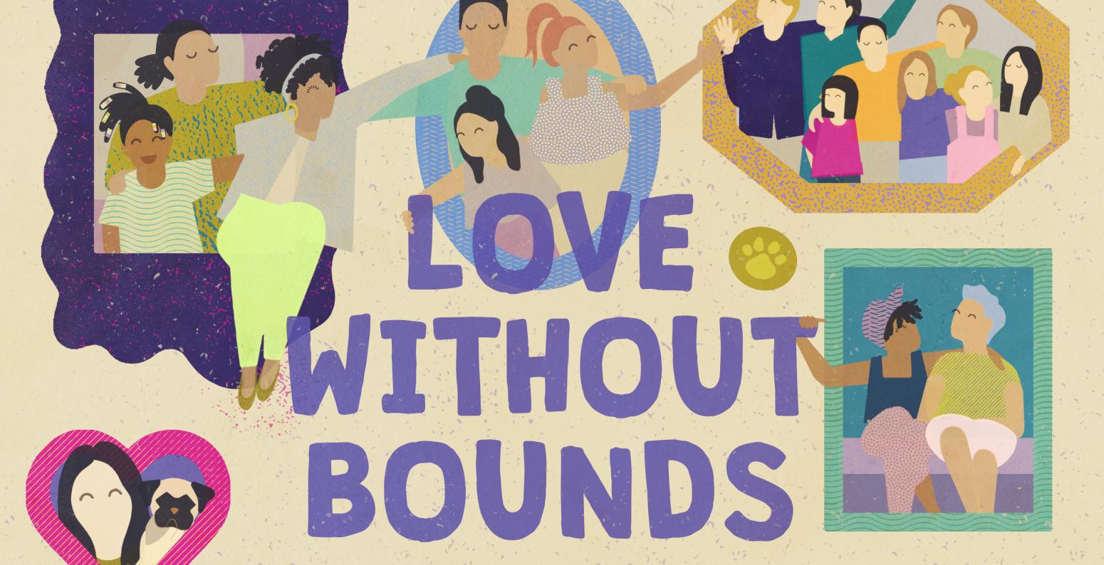 Book cover of Love Without Bounds, showing different families set in an assortment of frames.