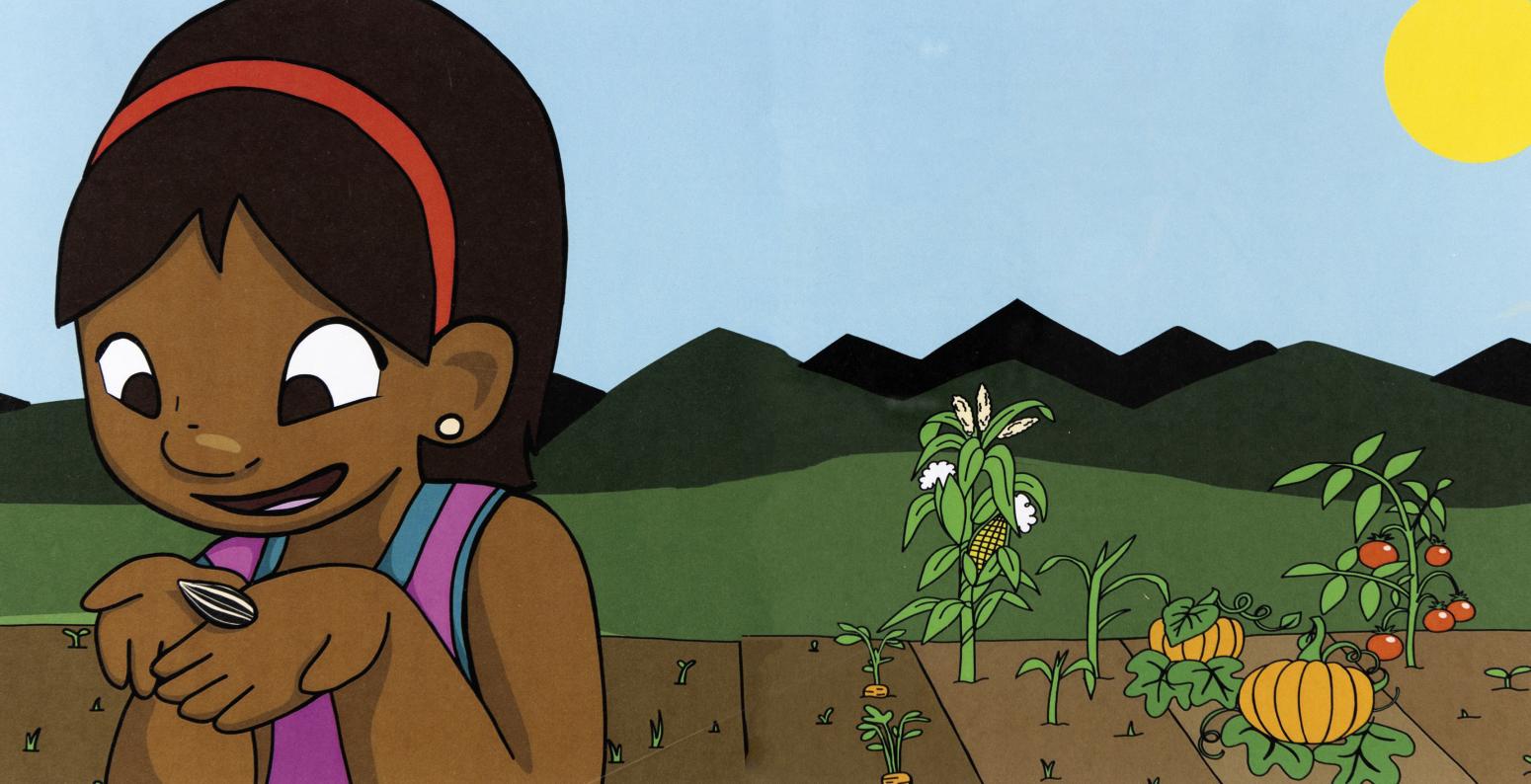 Child with brown skin standing garden and holding a seed in their palms.