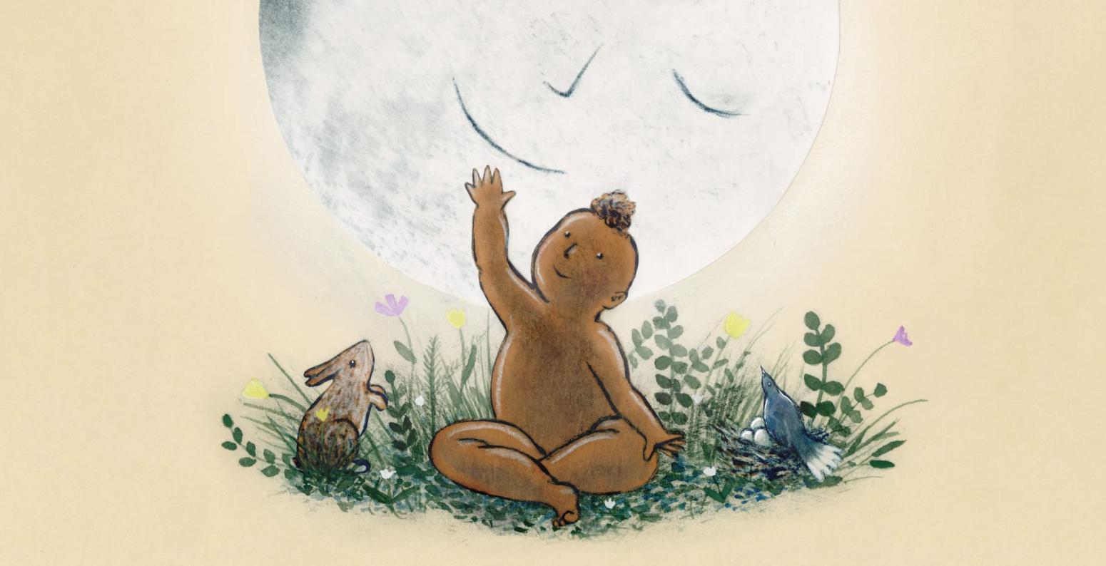 A baby sits on the grass next to a rabbit, and is pointing up to a smiling moon.