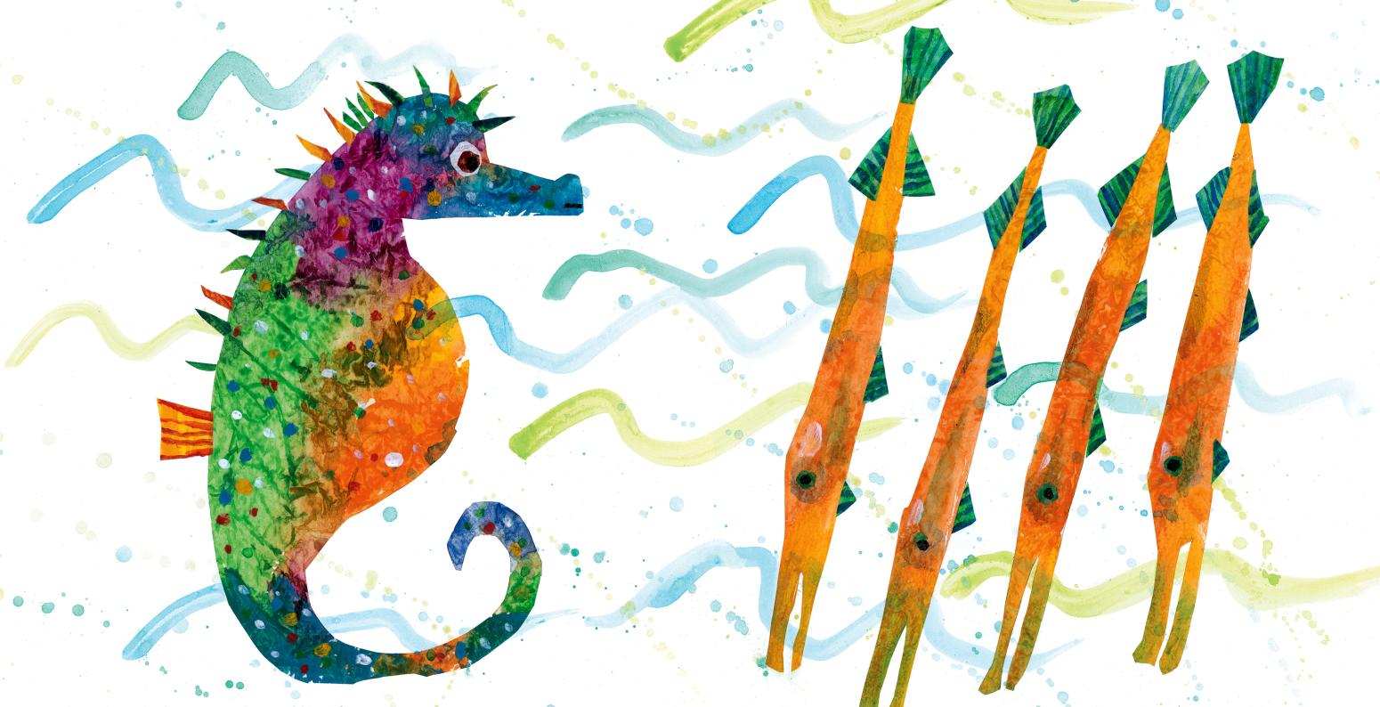 Illustration of seahorse with other underwater creatures.